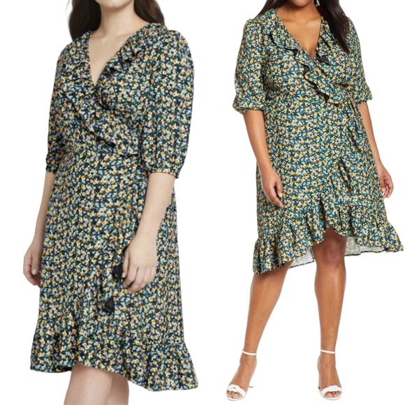 Eloquii x Jason Wu Wrap Dress V Neck Surplice Floral Patterned Ruffled Womens 14 - Picture 1 of 10